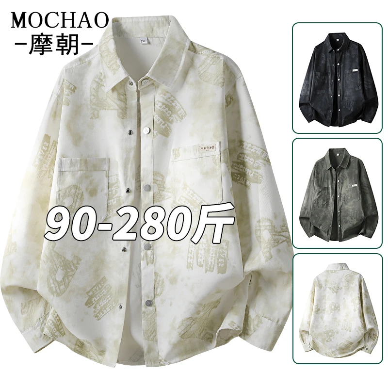 摩朝美式复古满印花衬衫男秋季新款潮牌宽松大码翻领长袖休闲衬衣