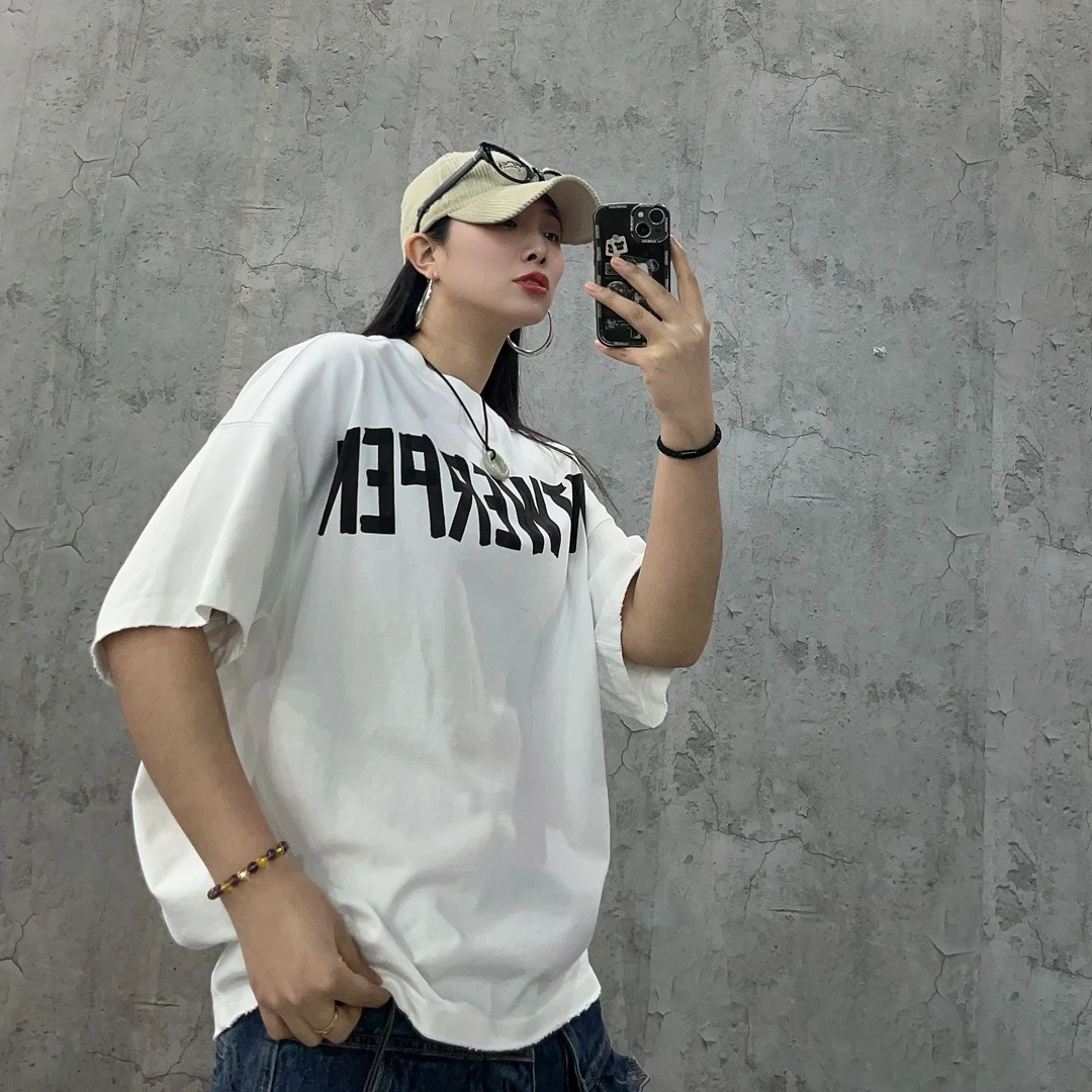 尹小鸡 夏季基础百搭韩版廓形字母印花蝙蝠袖380g短袖T恤男女1237