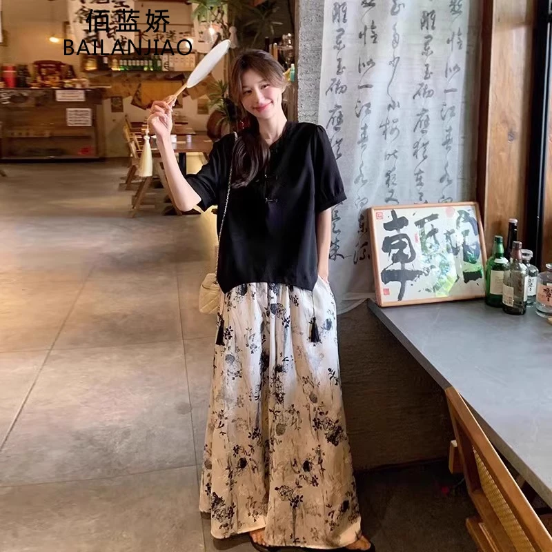 新中式国风套装夏气质高级感阔腿裤高腰显瘦垂感水墨画裤裙两件套