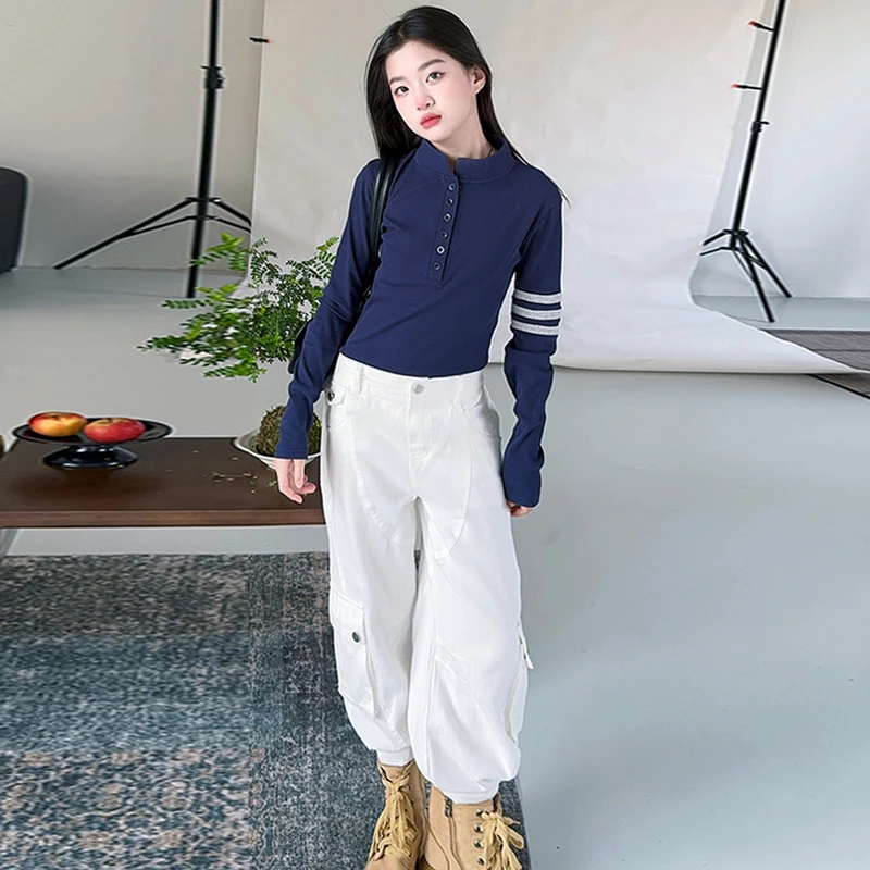 女童衬衫春季新款2025中大童时尚简约百搭休闲立领长袖开衫上衣潮