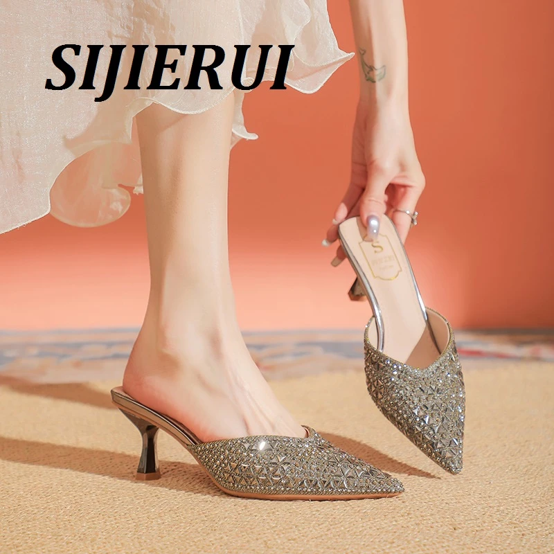 SIJIERUI包头半拖鞋女2025年夏季尖头水钻高跟凉拖鞋外穿大码女鞋