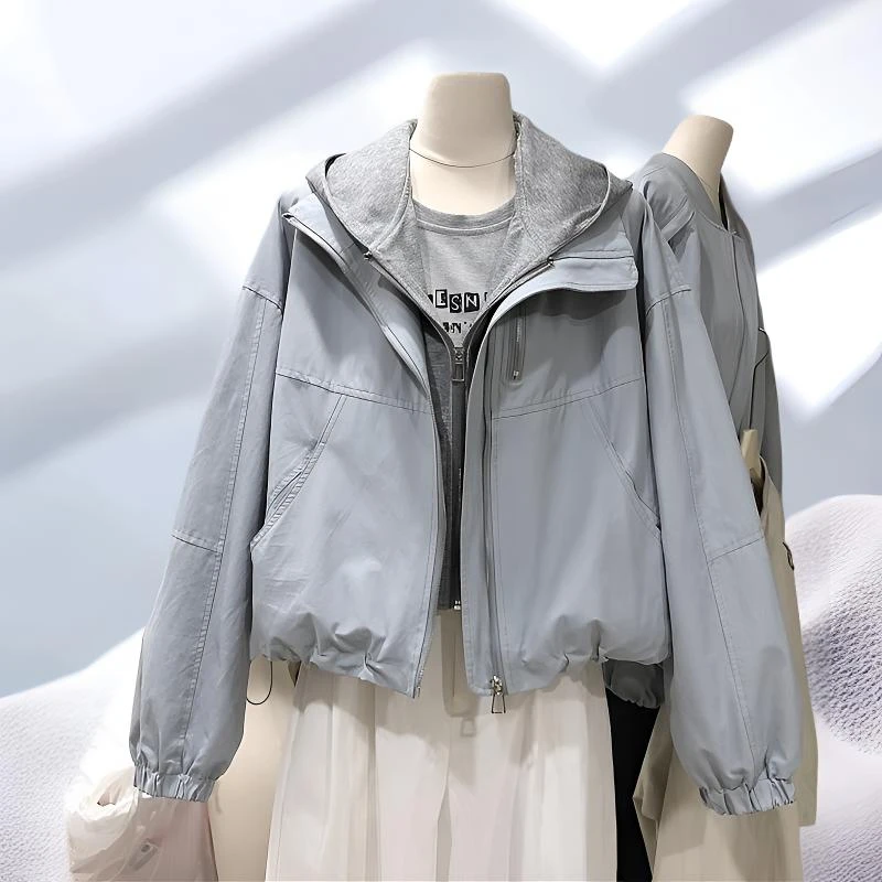 2025春季新款抽绳连帽休闲短外套女韩系百搭拼接假两件设计感上衣