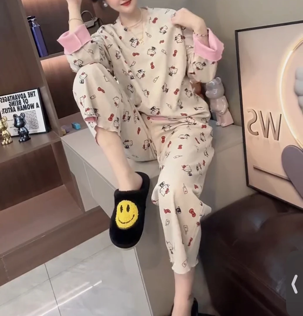 可爱卡通减龄猫咪上衣裤子家居服两件套【实物微色差】