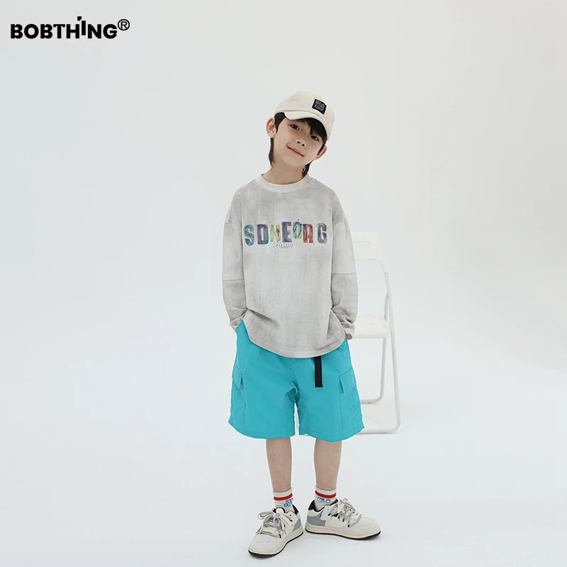 男童春秋装2025新款儿童彩涂鸦扎染假两件T恤衫中大童长袖打底衫