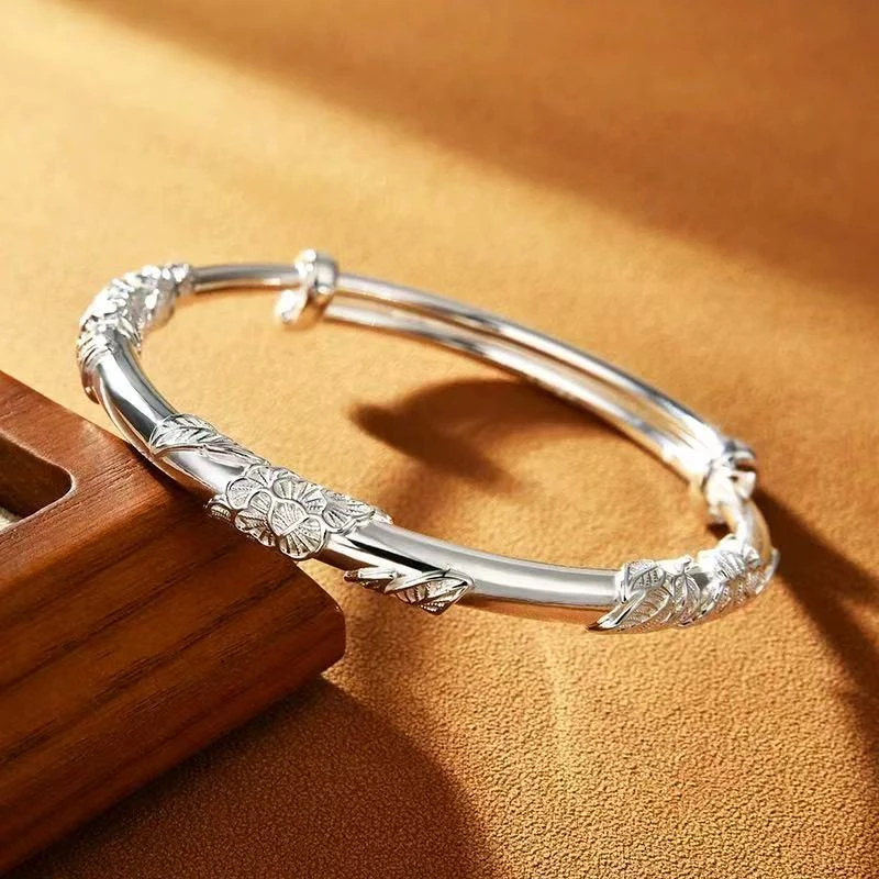 足银手镯 A49足银999.9推拉款繁花似锦实心银手镯女精美节日礼物