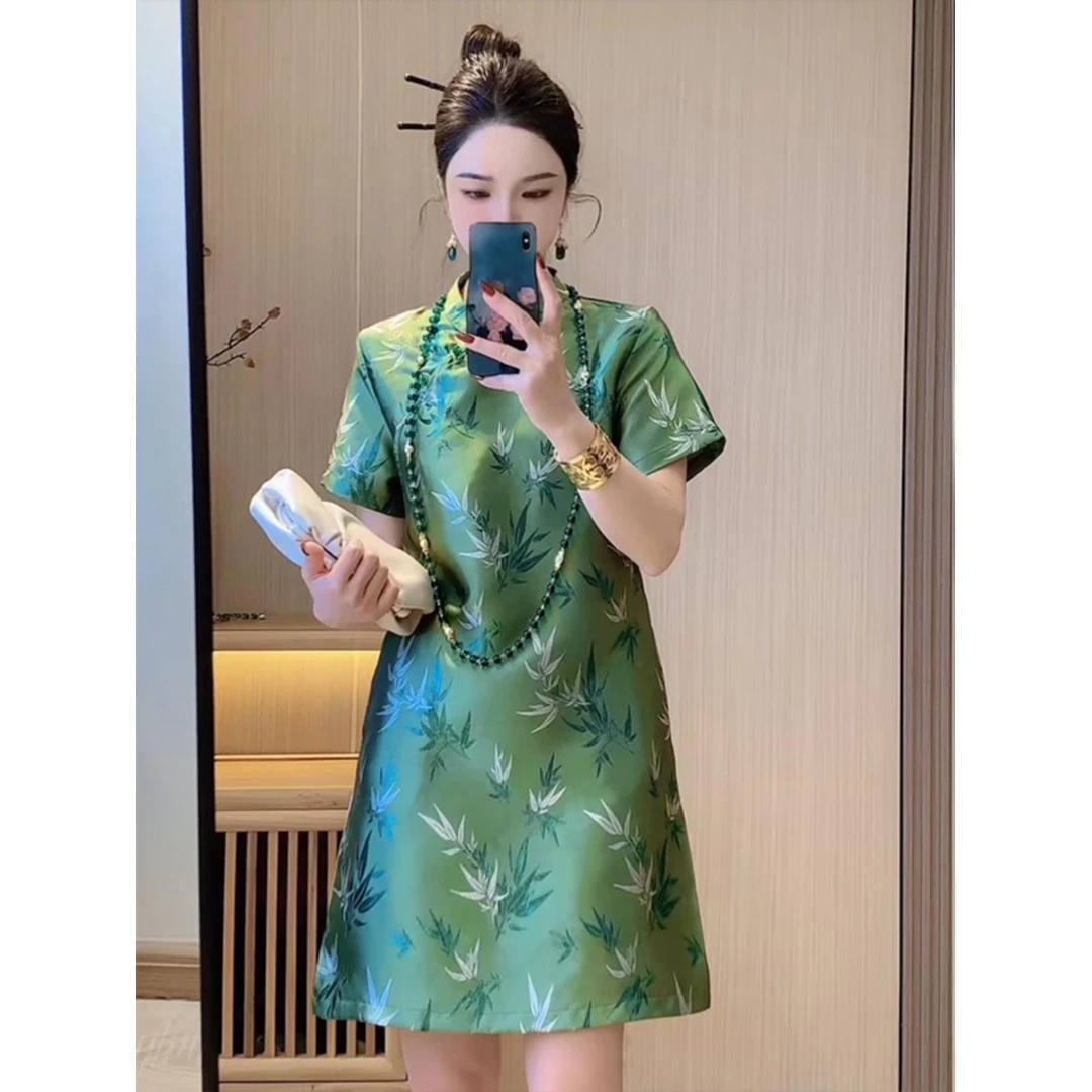 新中式国风绿色改良旗袍连衣裙女夏季新款小个子高端精致气质裙子