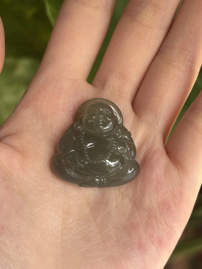 042815WT和田玉青海料茶色佛公吊坠尺寸约29.2×28.5× 11.1