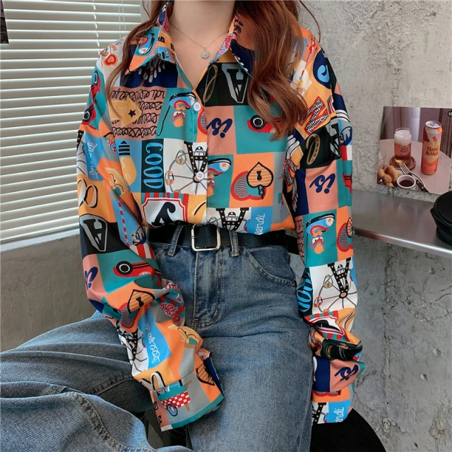 大码胖mm印花衬衫女复古港味外穿2025春秋韩版宽松百搭长袖上衣潮