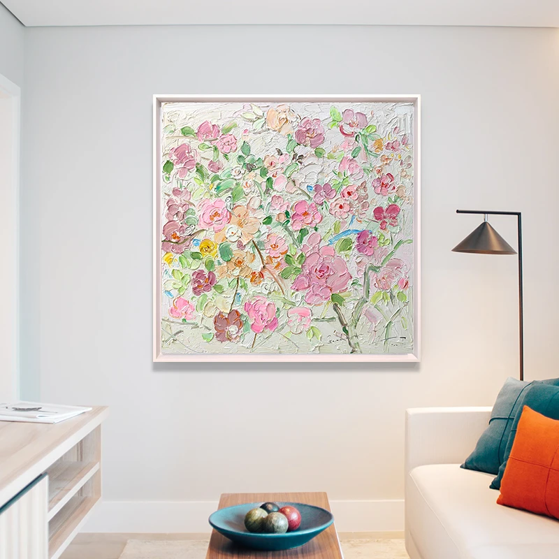 繁花 手绘油画花卉厚肌理高级感轻奢原创客厅组合奶油风装饰画