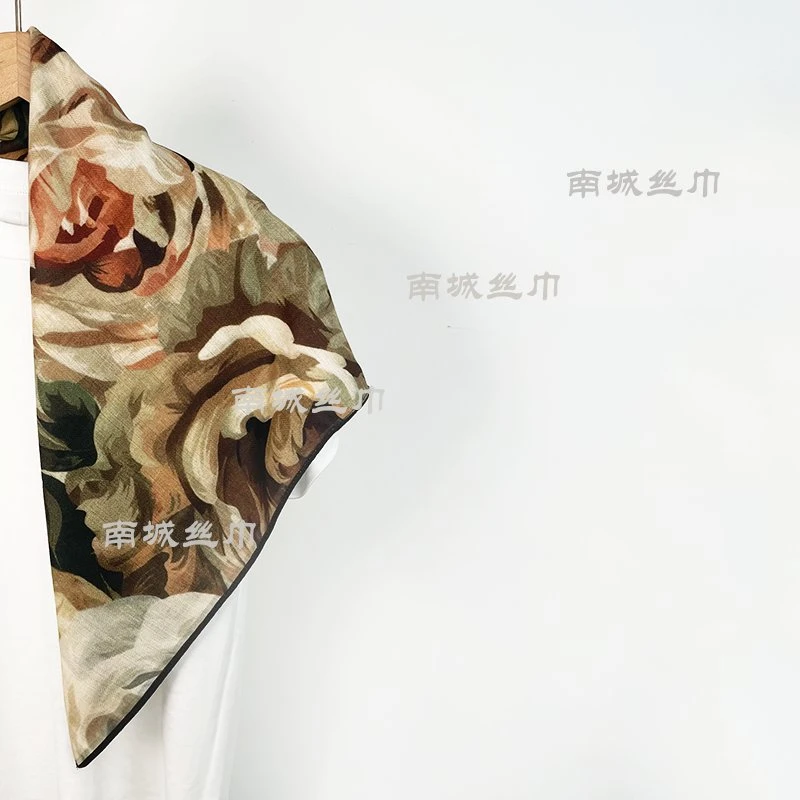 JR#【玫瑰故事】秋冬新品复古色油画风时尚中古风丝绒手感65方巾
