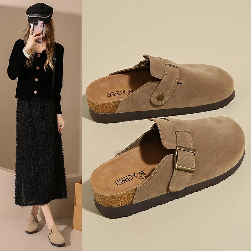 厚底勃肯鞋女2025春秋一脚蹬小个子懒人包头半拖鞋外穿软木博肯鞋