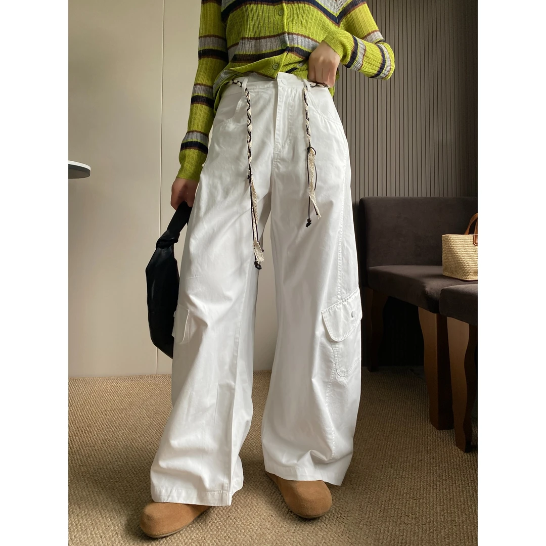 美式复古工装裤女春秋新款爆款设计感腰带宽松阔腿裤休闲弯刀裤子