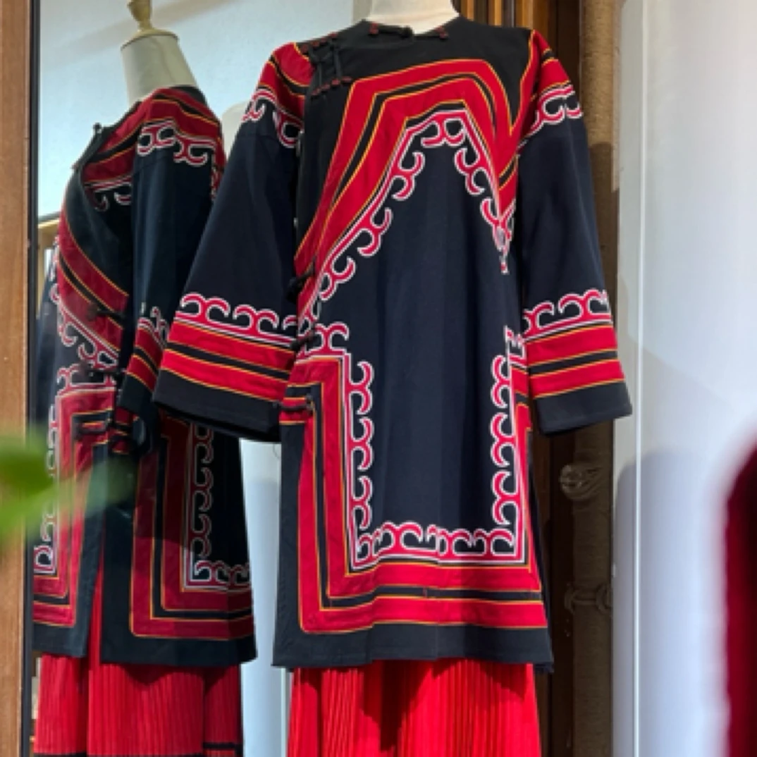 棉麻彝族红黑白色长裙套装复古民族风女装日常装