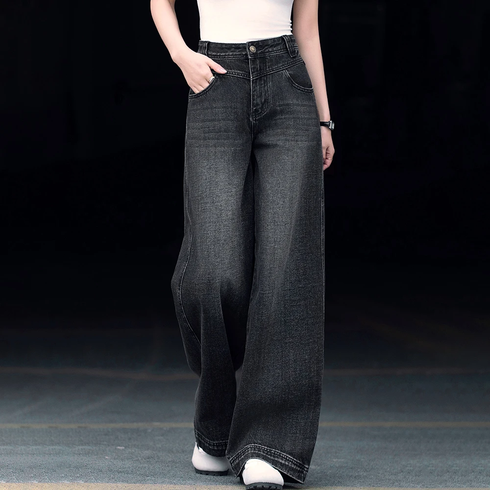 简约通勤磨白直筒牛仔裤秋冬新款高腰宽松休闲显瘦时尚百搭阔腿裤