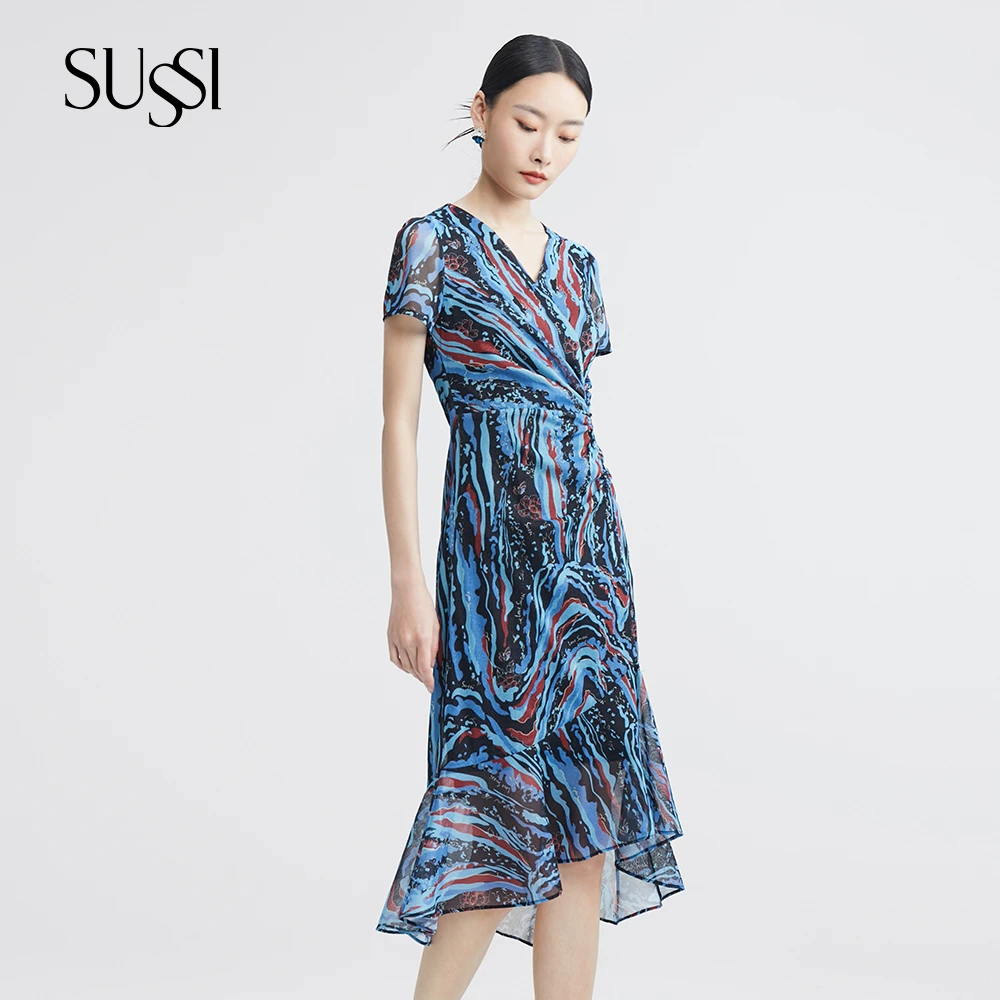 SUSSI/古色夏季商场同款海蓝色印花时尚通勤鱼尾收腰连衣裙女装