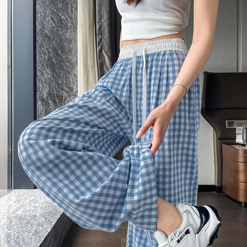 天丝蓝色格子裤女夏季薄款高腰垂感慵懒风宽松直筒休闲冰丝阔腿裤