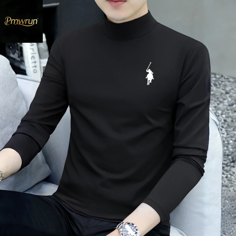 秋冬半高领男士长袖t恤薄款修身秋冬内搭黑色打底衫中领百搭秋衣