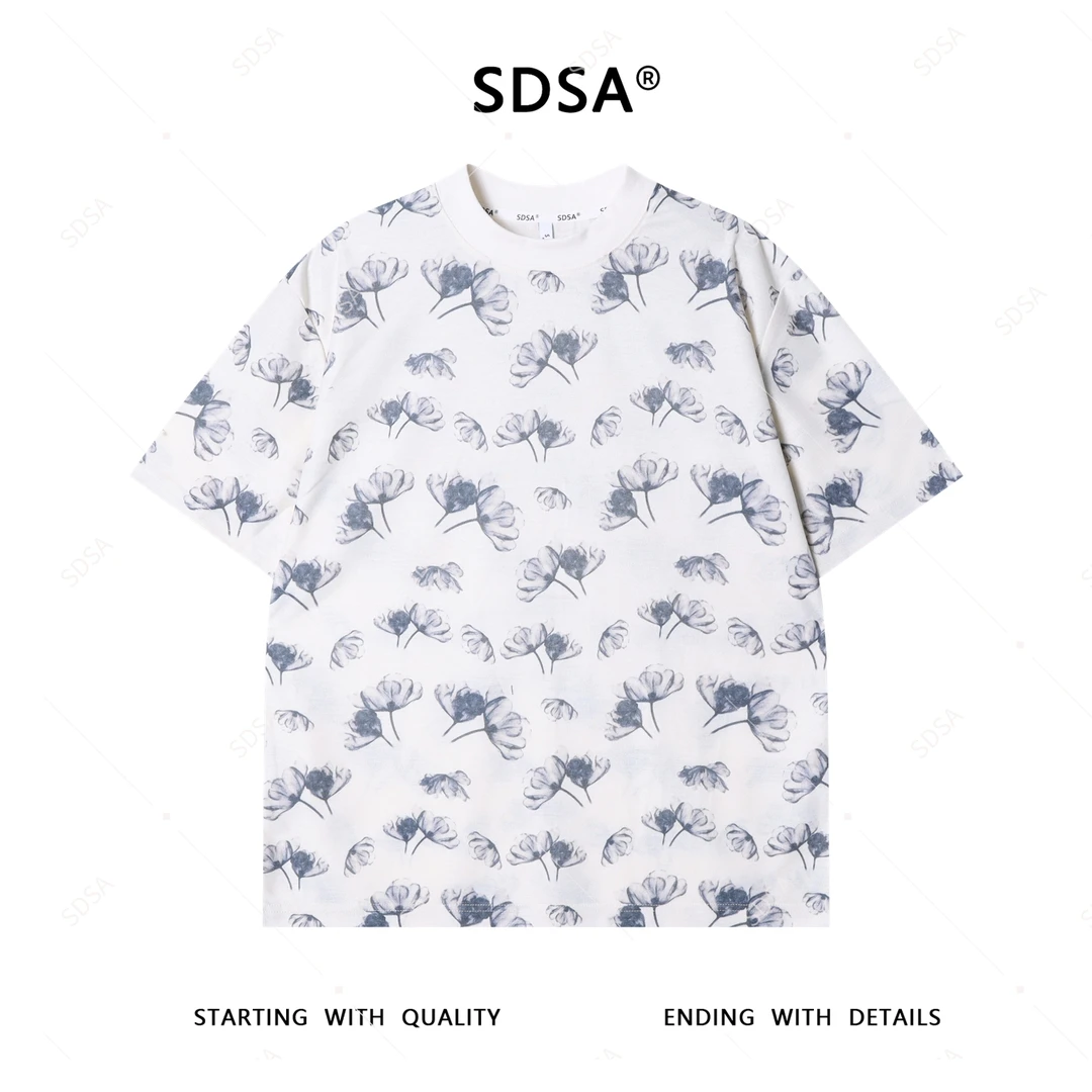 夏季高级感新款男士简约花卉图案圆领短袖T恤撞色百搭时尚上衣