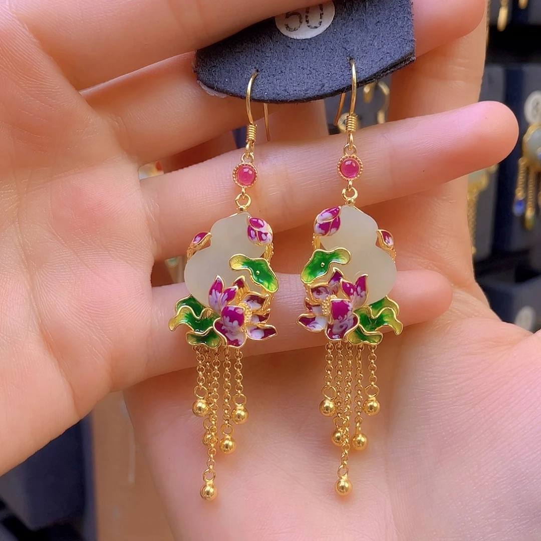 和田玉耳饰银S925镀金镶嵌