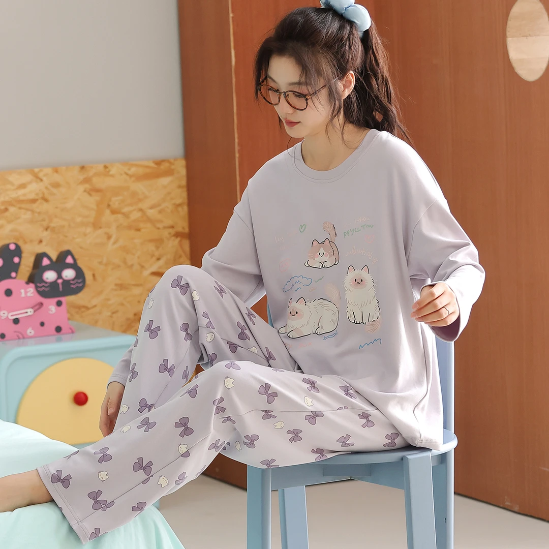 卡之恋睡衣女春秋季新款长袖纯棉香芋紫蝴蝶结猫咪萌趣家居服