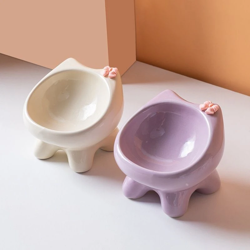 【新品】超可爱猫碗陶瓷猫碗护颈高脚斜口饭碗猫粮碗猫盆宠物用品