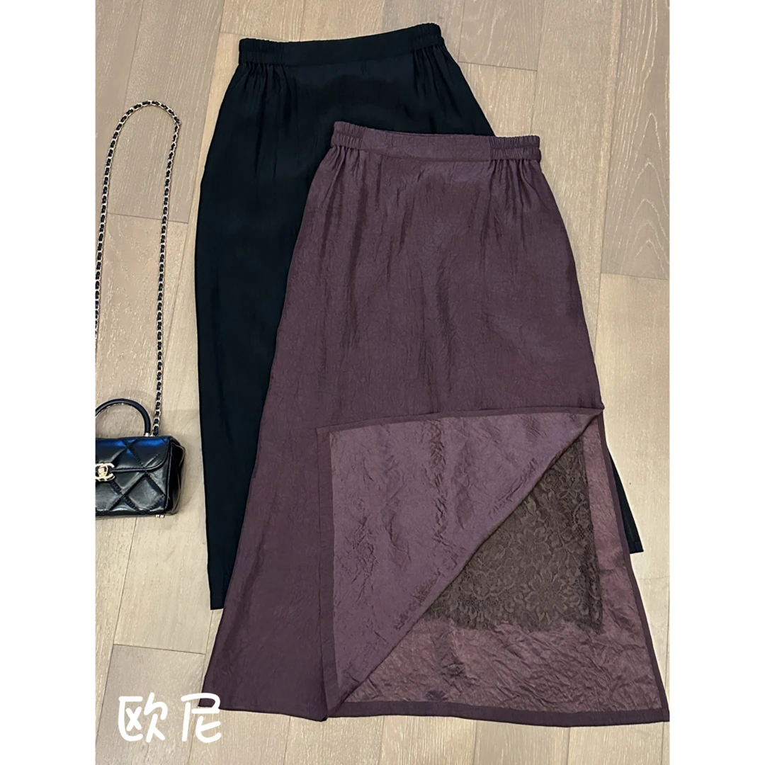 玖了个玖 夏款简约显瘦肌理感侧开叉蕾丝醋酸半身裙 2405B2386