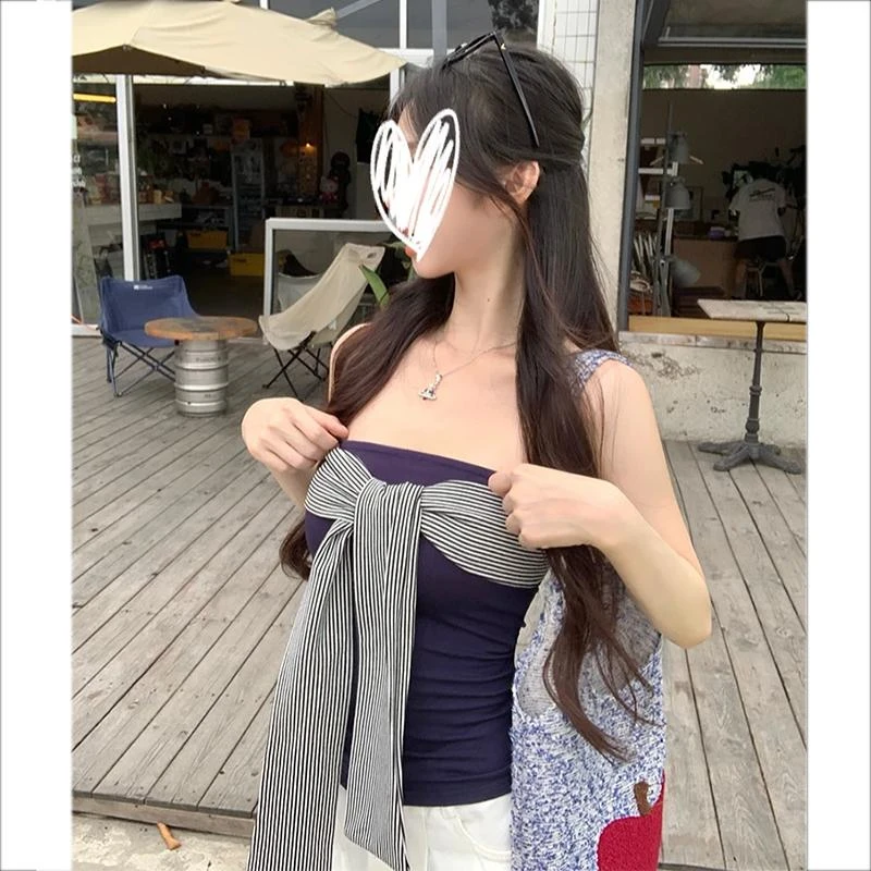韩系性感辣妹风条纹拼接系带蝴蝶结小背心夏季百搭气质上衣
