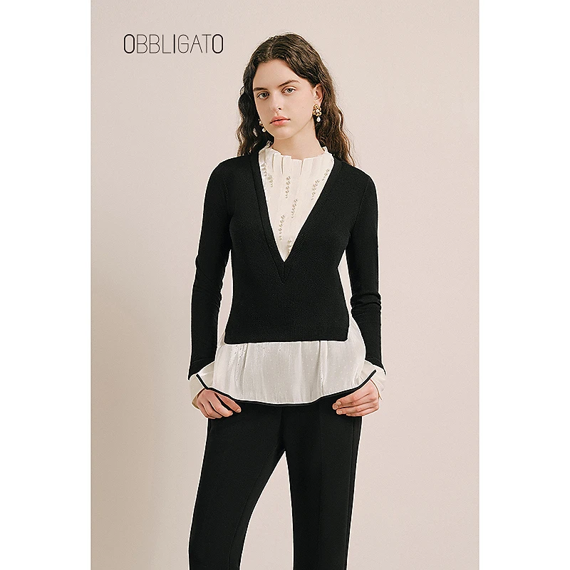 OBBLIGATO奥丽嘉朵1C39306020秋季钉珠V领假两件修身上衣