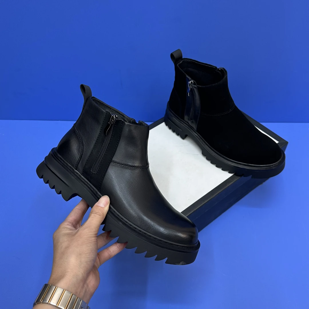 秋冬款侧拉链英伦风真皮百搭时尚潮流厚底圆头黑色低跟切尔西靴