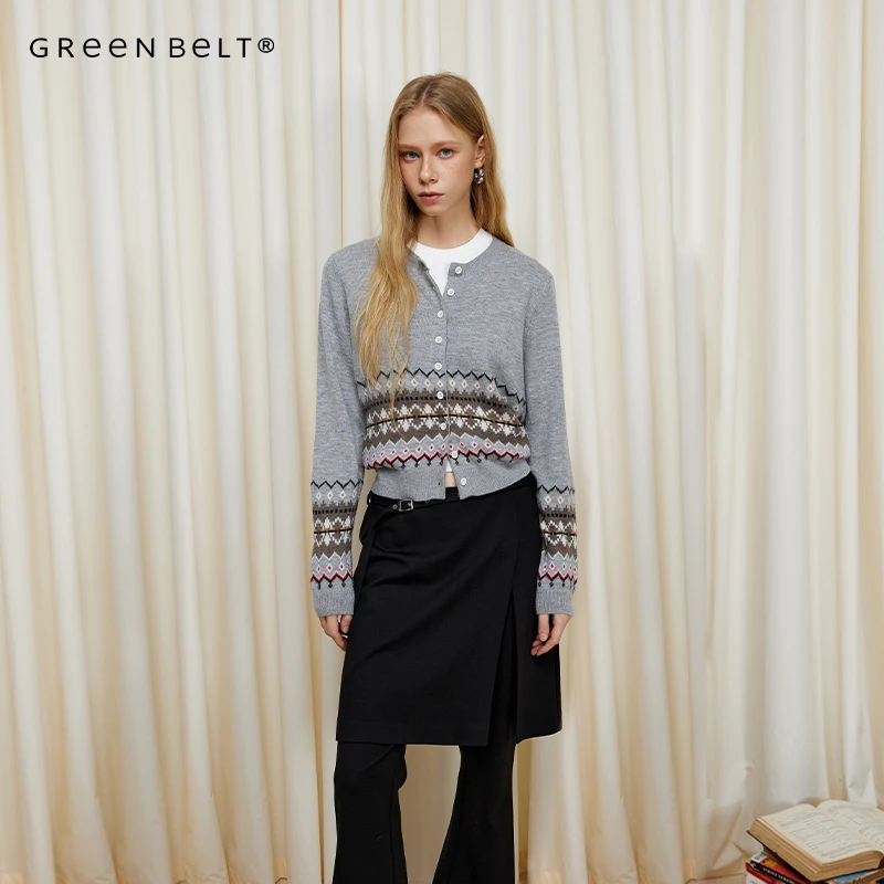 GREEN BELT费尔岛花纹毛针织衫女2024冬复古针织开衫