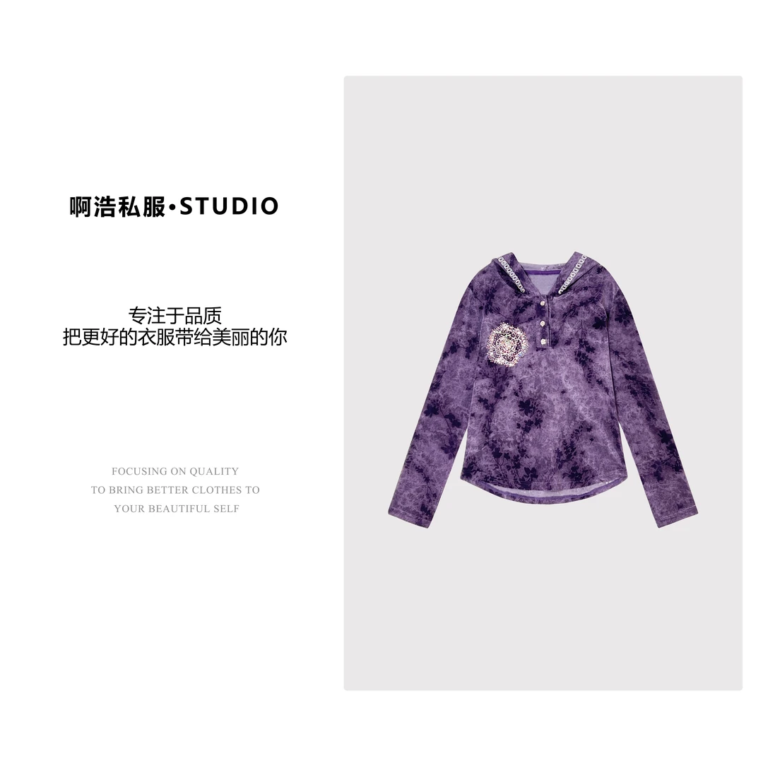 【罗伯特歌美】冬季新款时尚烫钻百搭休闲连帽上衣#9737
