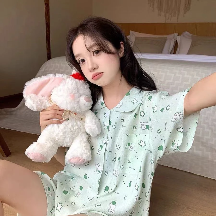 韩版甜美可爱睡衣女夏季新款短袖短裤薄款舒适透气少女家居服套装