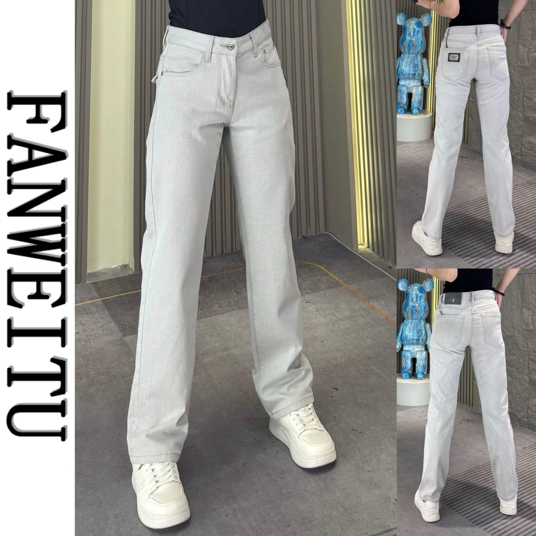 夏季高端男士银灰色精梳棉直筒牛仔裤时尚微弹透气修身显瘦长裤
