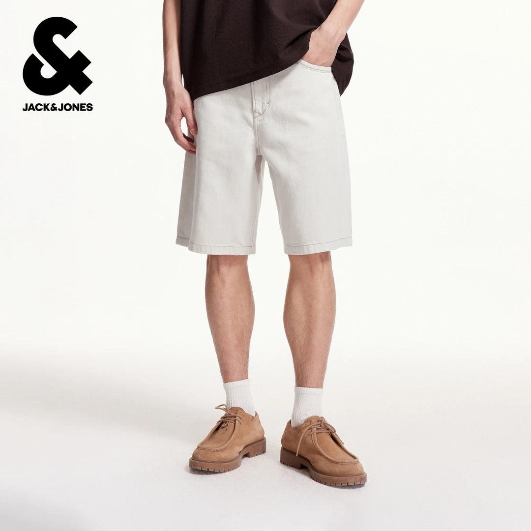 【商场同款】杰克琼斯男装夏季皮标logo舒适简约个性白色牛仔短裤