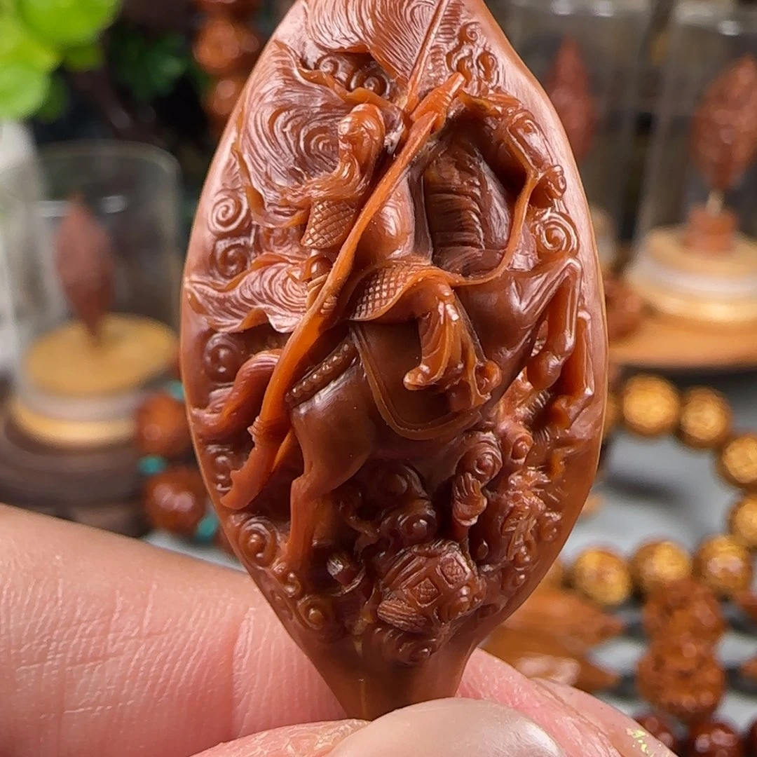 橄榄核手串/手链宽2.3鸡血红水晶核双面文武关公单籽