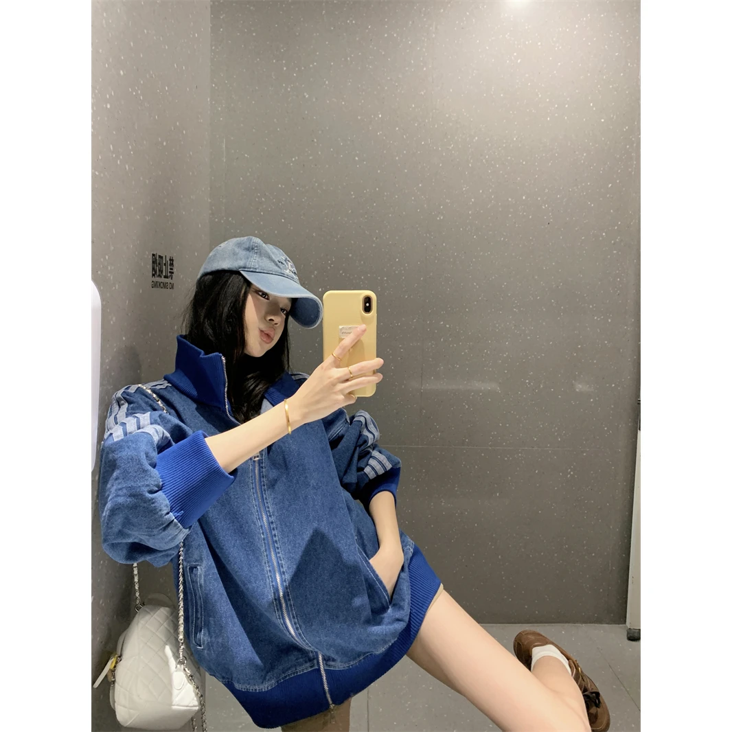 小众炸街高级感女装韩系立领宽松慵懒风时尚百搭休闲拼接牛仔外套