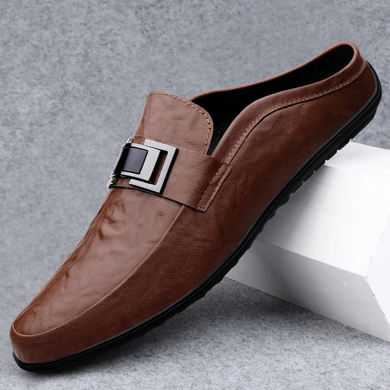 皮鞋男款简约通勤软底耐磨鞋子百搭豆豆鞋男款一脚蹬包头半拖男鞋