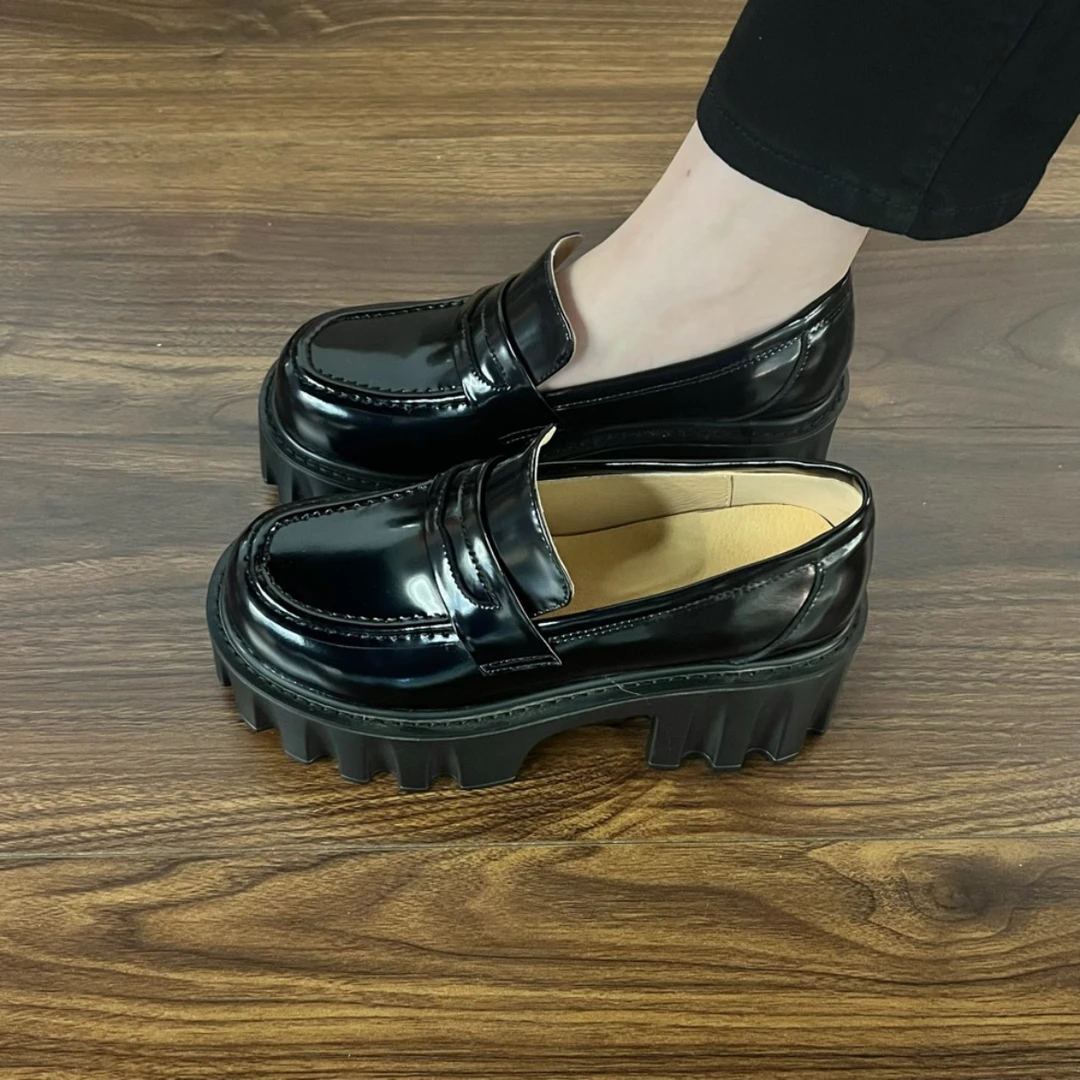 7cm百搭慵懒风单鞋女英伦度假风厚底纯色学院单鞋一脚蹬乐福鞋女