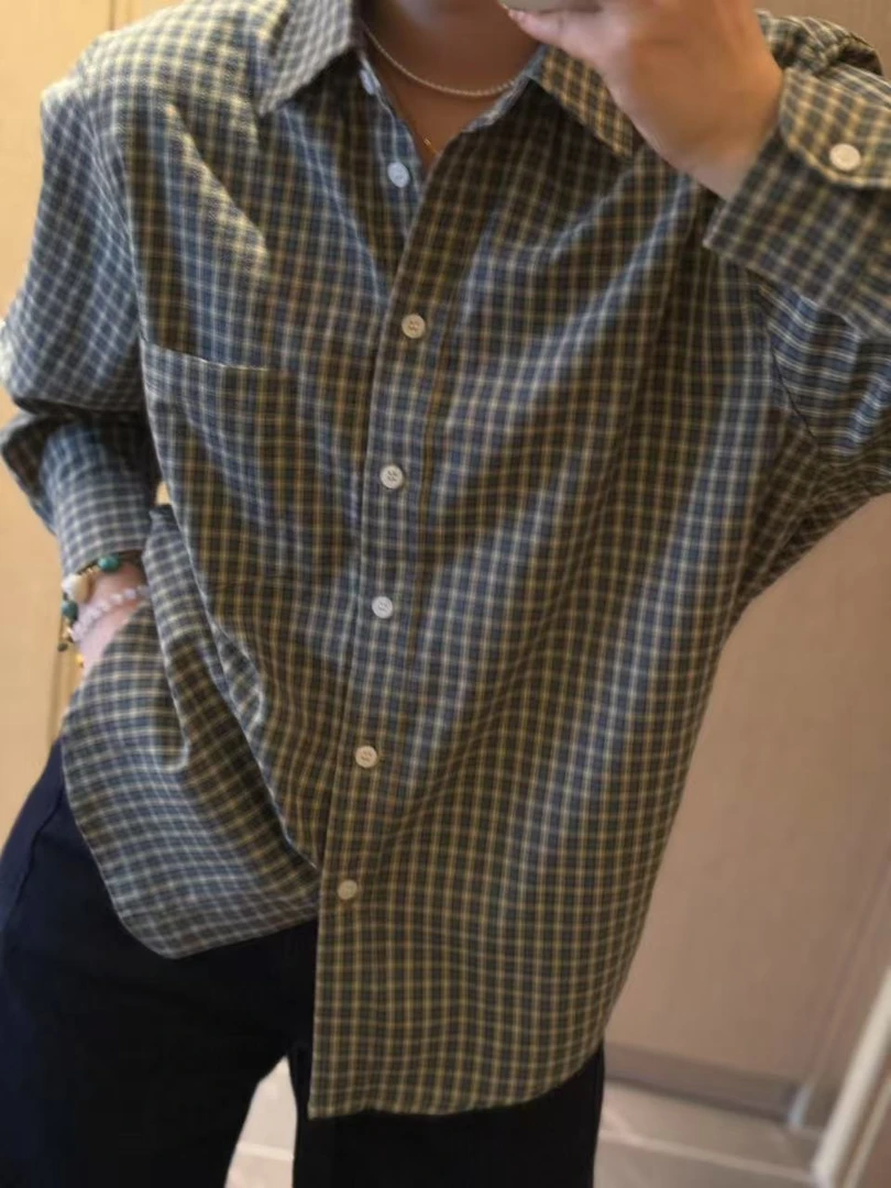 「金小姐」韩系简约绿格宽松衬衫～