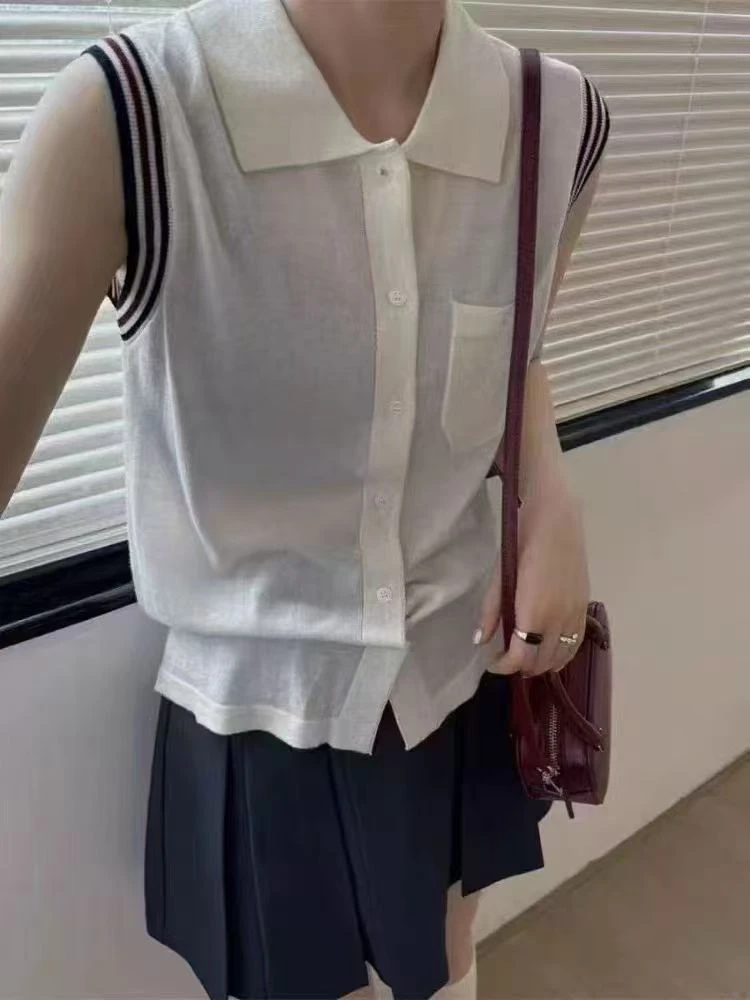 精纺羊毛polo领开衫无袖背心
