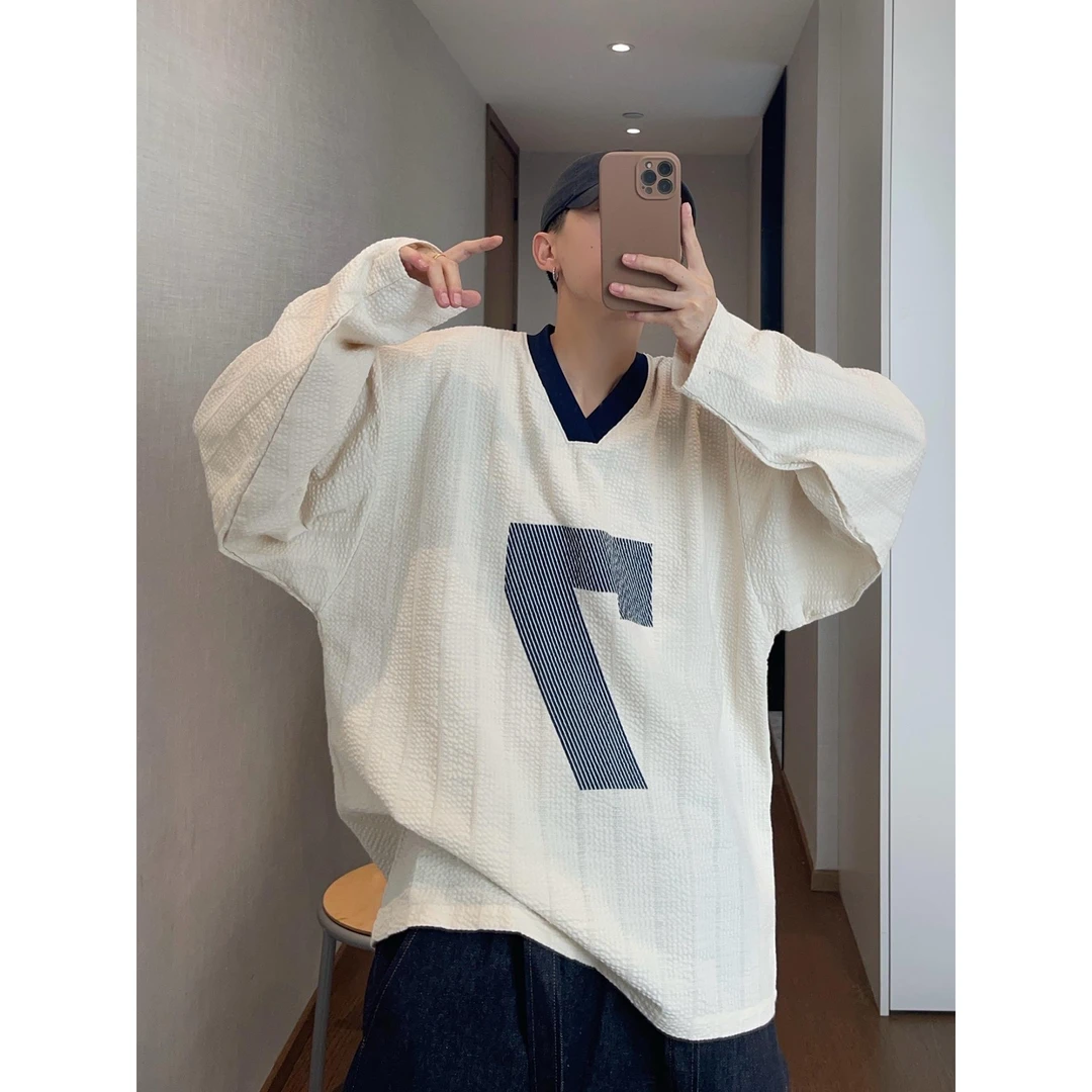 特大码300斤美式长袖V领字母印花套头款衬衫球衣复古慵懒风ins男