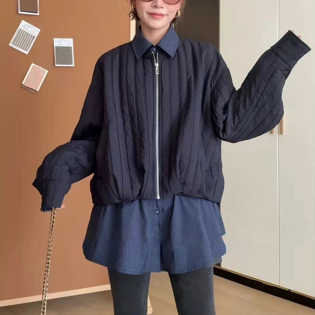 秋冬季新款时尚气质宽松显瘦中长款棉服拼接格子假两件休闲短外套