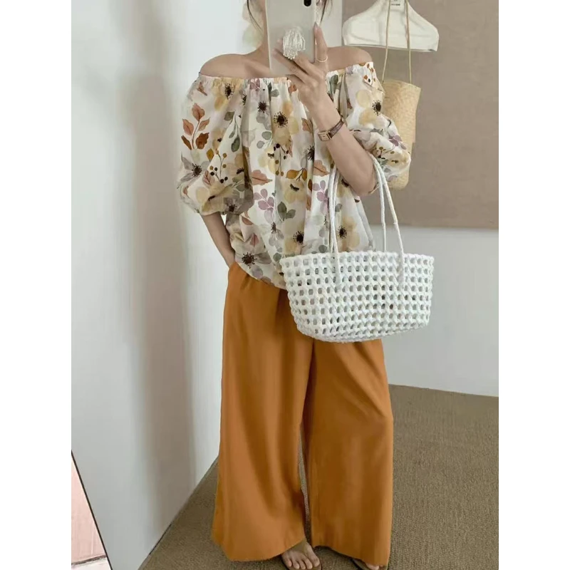 法式浪漫田园度假可一字肩短袖小衫65821  衣长60