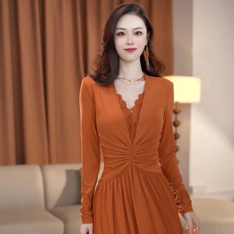 【乐琪】 斜阳夕照 法式高级感V领高腰设计显瘦长裙-HZ1103