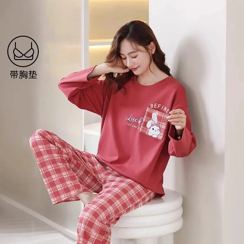 帕兰朵睡衣女款2025新款春装带胸垫一体纯棉女士长袖家居服春秋款