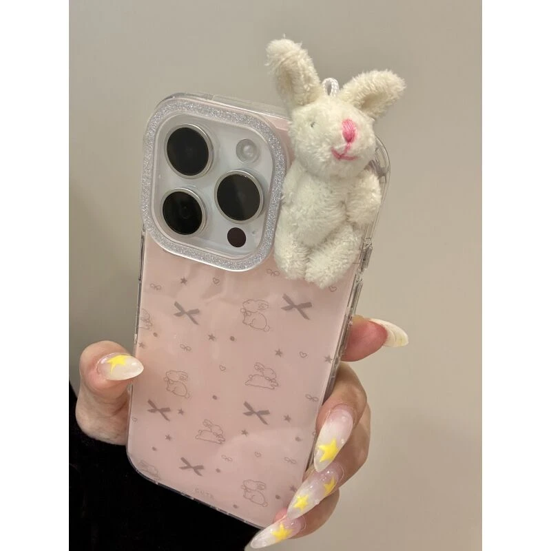 闪粉镜头粉色蝴蝶结小兔iphone16promax苹果15pro手机保护壳14pro