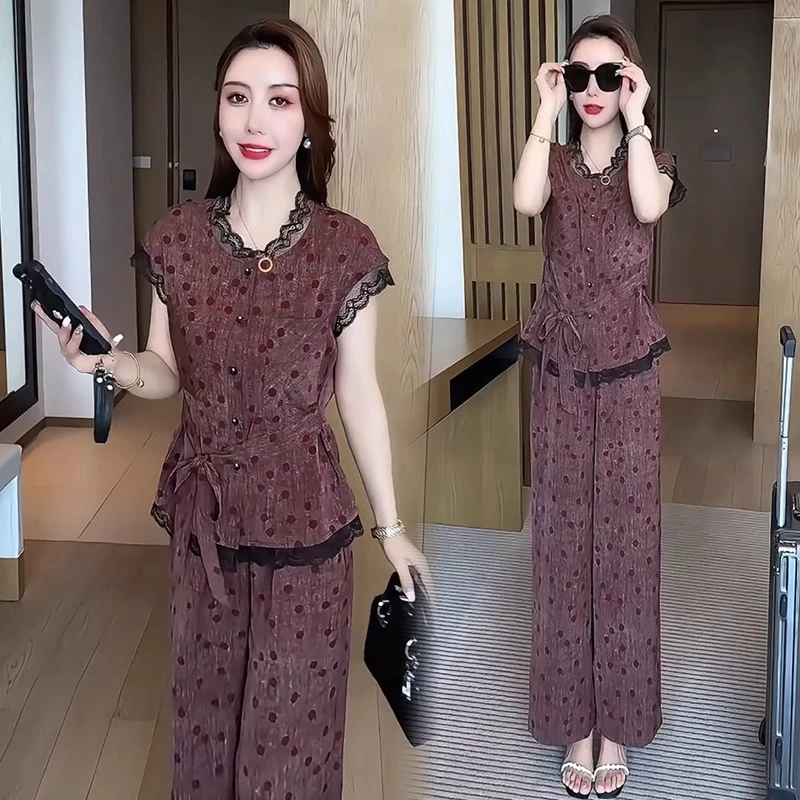 气质洋气套装女2025夏季新款小个子短袖上衣高腰阔腿裤波点两件套