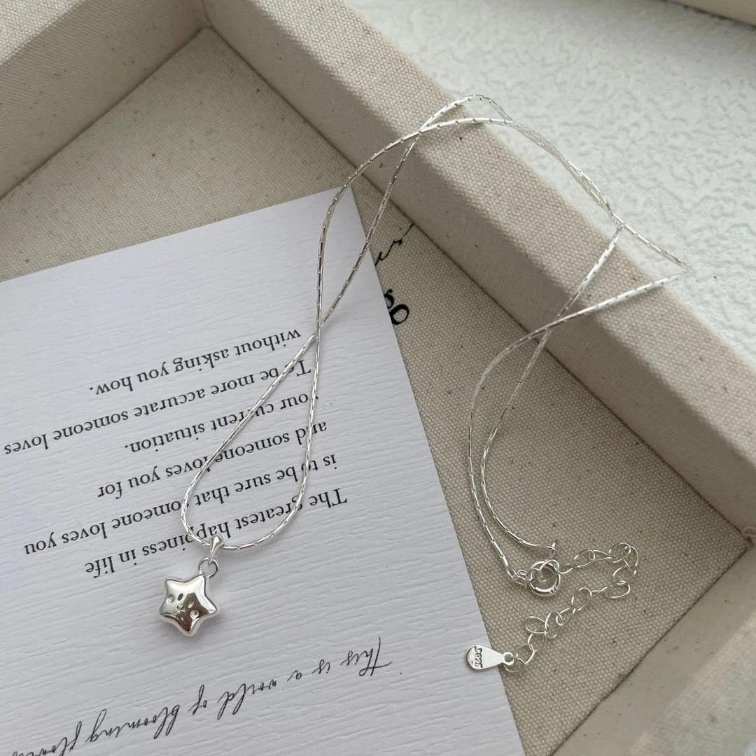 坠链均925银 甜美可爱S925银幸运五角星笑脸星星设计款蛇骨链