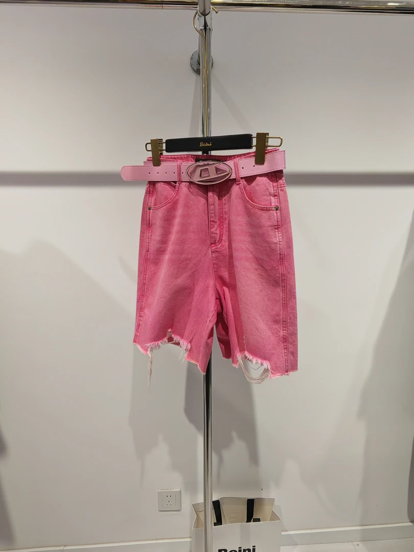 粉色高腰阔腿五分弹力牛仔短裤休闲女夏季新款宽松薄款美式风格