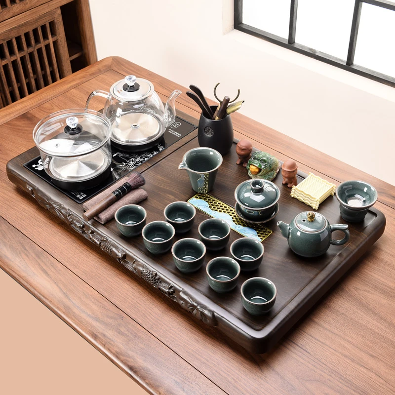 诗朋茶具套装家用紫砂功夫茶道全自动上水实木茶盘整套泡茶台浮雕